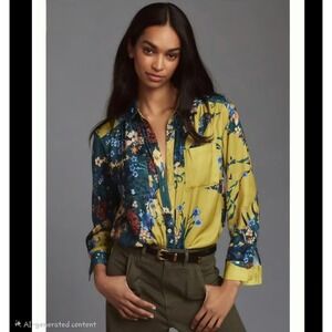 Anthropologie Botanical Print Button Up Shirt Long Sleeve Collared Top Women S